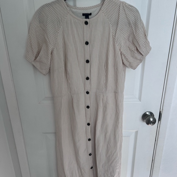 Ann Taylor Dresses & Skirts - Ann Taylor Cream and Tan Striped Button-Front Midi Dress